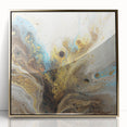 Framed abstract art piece showcasing vibrant gold splatters on a textured background, perfect for modern decor, enhancing any contemporary space with elegance.