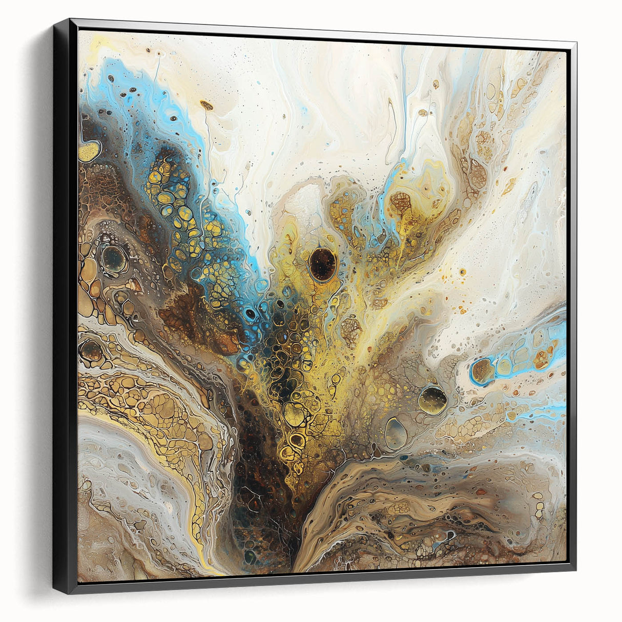 Framed canvas art showcasing an abstract design of black splatters, presented in a sleek side view, ideal for modern home decor or art enthusiasts. Perfect for adding a contemporary touch to any living space.