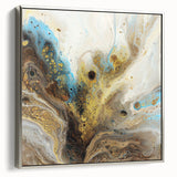 Framed abstract canvas art showcasing vibrant splatter designs in hues of blue and gold, featuring a sleek silver frame that enhances its modern aesthetic.