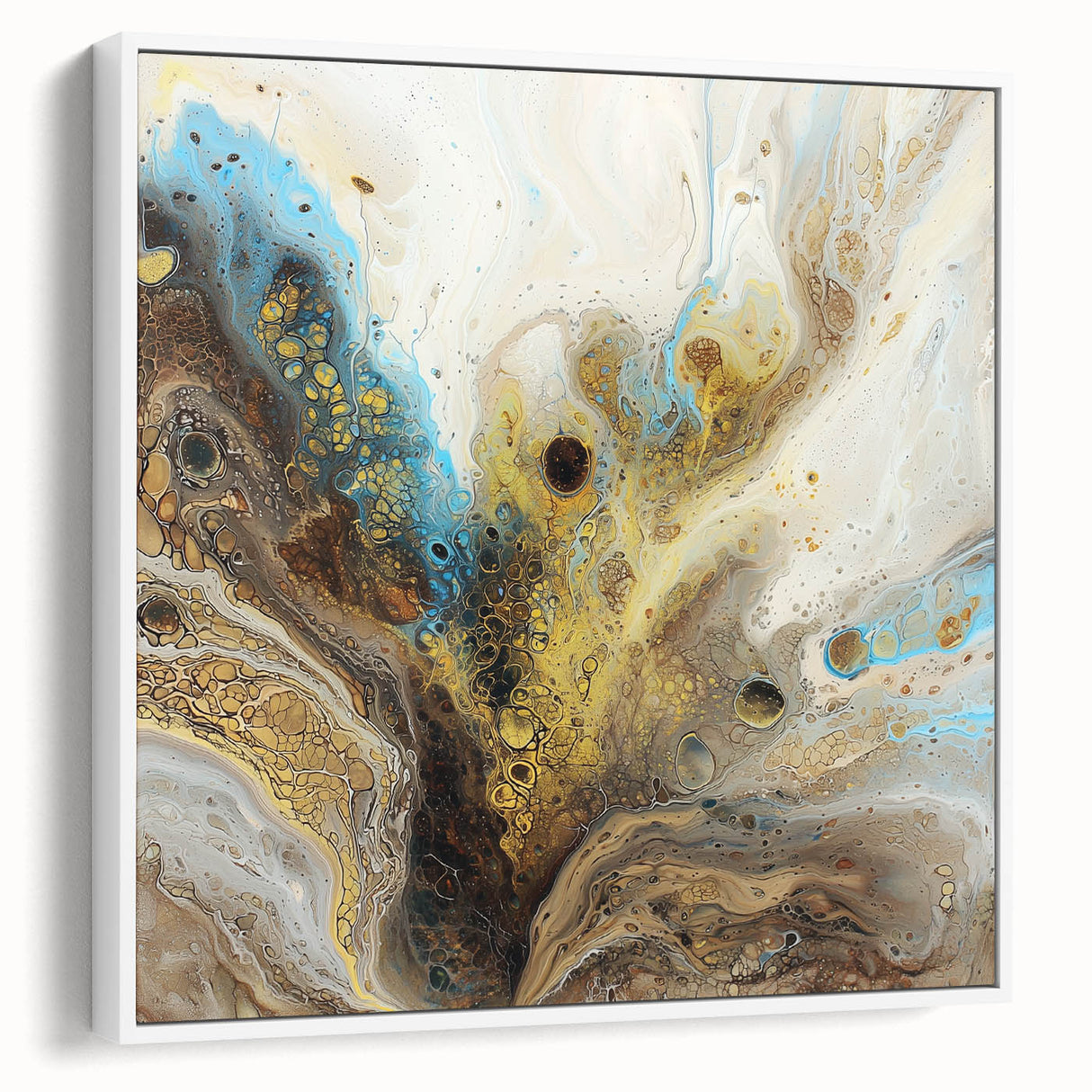 Framed canvas artwork showcasing an abstract splatter design in vibrant colors, displayed from a white side view, perfect for modern home decor.