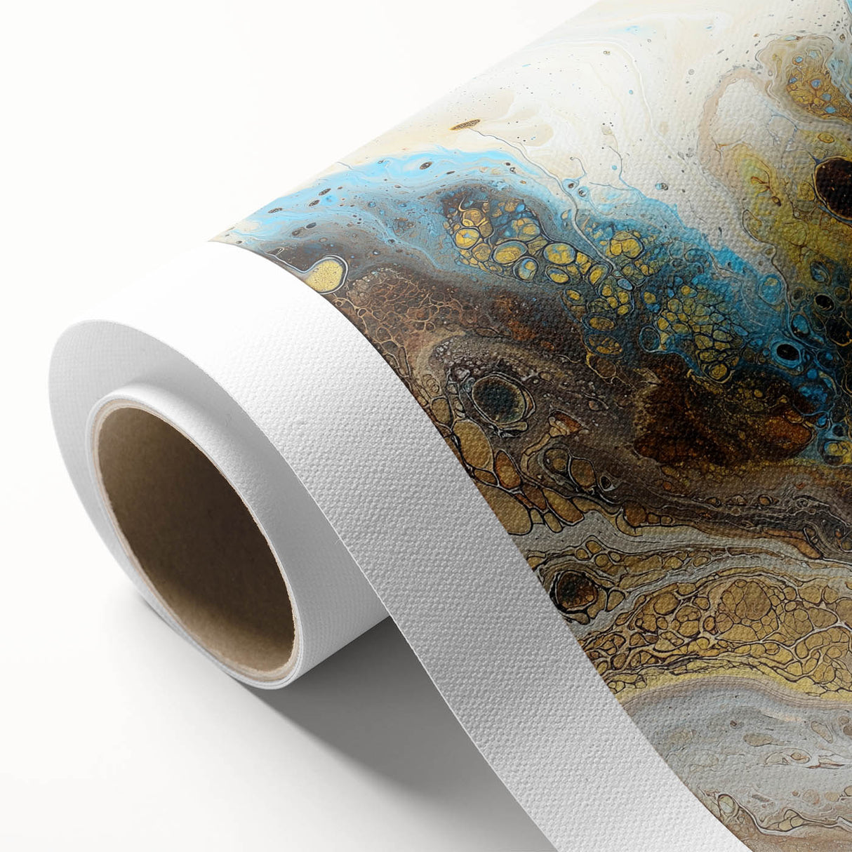 Abstract splatter art on rolled canvas showcasing vibrant colors and dynamic patterns, ideal for modern home decor. Packaged securely in a cardboard tube for safe delivery.
