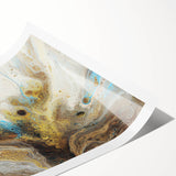 Abstract splatter art print showcasing vibrant colors of blue, yellow, and red on a textured background, rolled and ready for framing, perfect for modern decor.