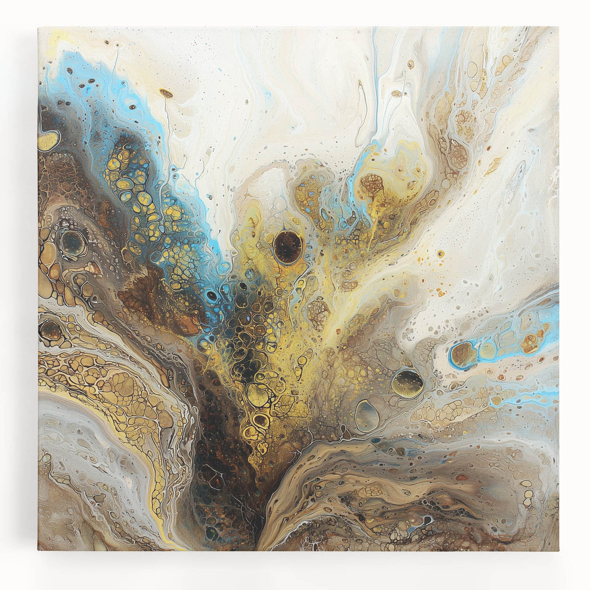 Abstract splatter art print on stretched canvas, showcasing vibrant colors in a dynamic pattern, ideal for contemporary home decor or artistic spaces.