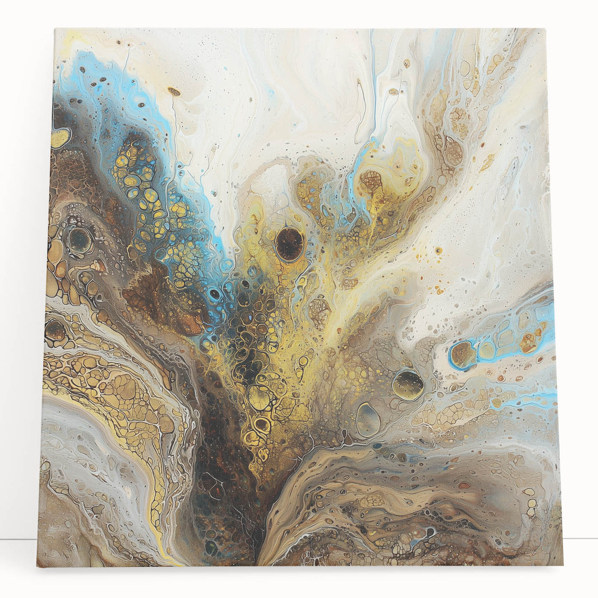 Abstract splatter art canvas featuring vibrant colors and dynamic shapes, perfect for modern home decor or creative spaces, displayed against a neutral background.