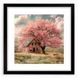 Extra large framed abstract art print featuring textured, colorful cottages, ideal for living room decor.