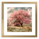 Extra large abstract art print featuring textured cottages in muted earth tones, framed in gold, ideal for living room decor.