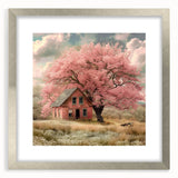 Textured abstract art print of cottages in muted earth tones on a framed canvas, ideal for bedroom decor.