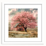 Abstract art prints of stylized cottages in muted earth tones, framed in white, ideal for dining room decor.