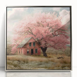 Mid-century modernist art depicting quaint cottages in muted earth tones on a silver-framed acrylic print.