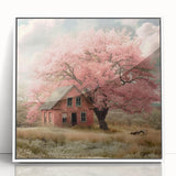 Art deco poster featuring pastel-colored cottages, framed in white acrylic, ideal for nursery wall art.