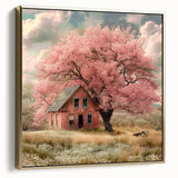 Framed canvas depicting vintage-style cottages in a landscape, using silver and gold tones, suitable for bedroom wall art.