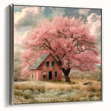 Framed canvas depicting a vintage-style landscape with colorful cottages, ideal for enhancing a living room or hallway decor.