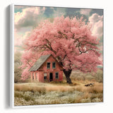 Vintage poster art of colorful cottages, framed canvas, ideal for living room decor.