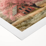 Art deco poster featuring symmetrical architecture and cottages in soft beige tones on rolled canvas.