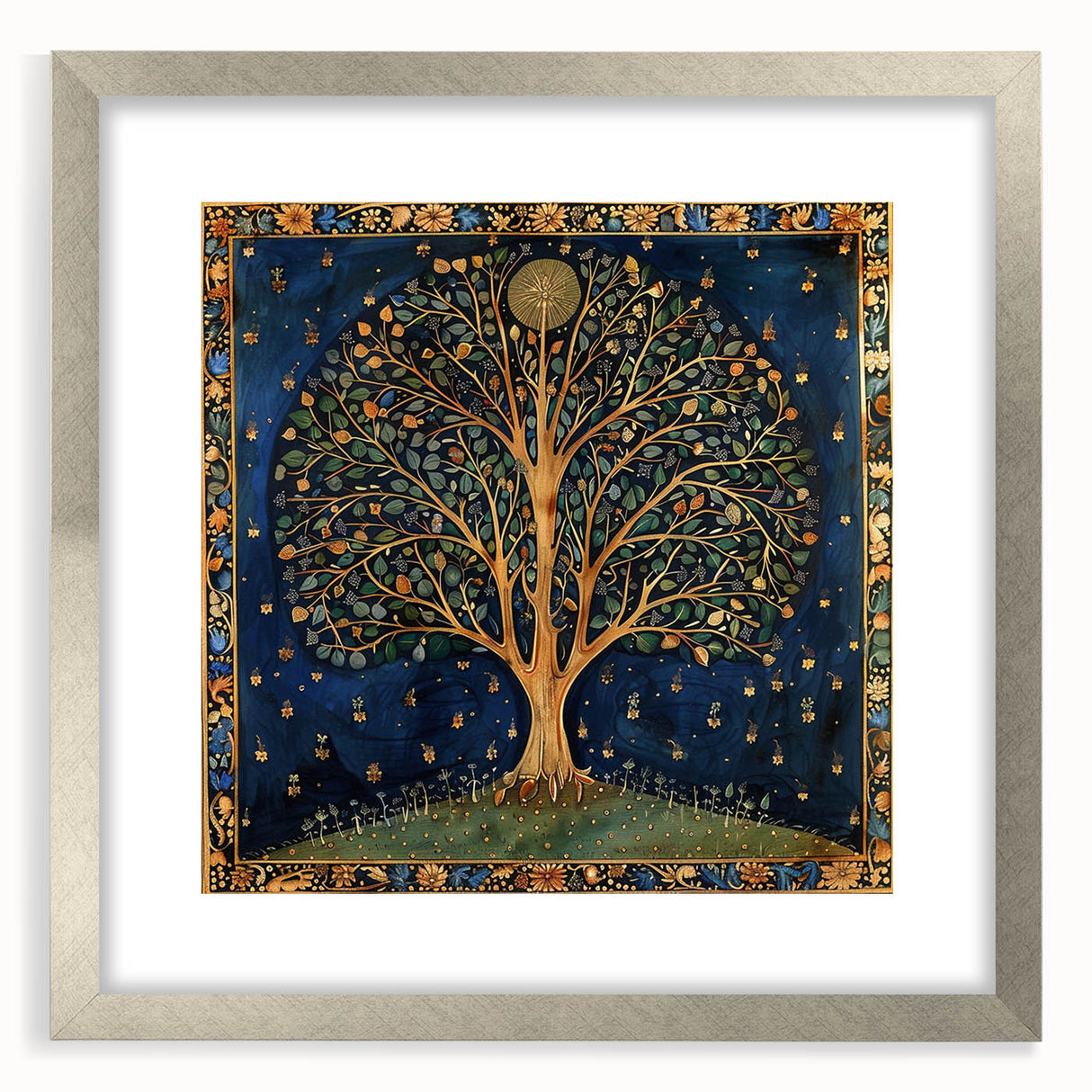 Framed wall art showcasing a vibrant floral and botanical design with intricate leaves, set in a stylish silver frame, perfect for home decor.