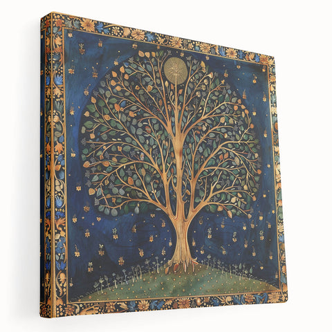 Stretched canvas wall art showcasing a vibrant design of flowers and botanical leaves, featuring rich colors and intricate details, ideal for home decor.