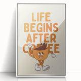 Mid-century modernist art featuring a stylized coffee cup in muted brown and cream tones, acrylic print in a white frame.