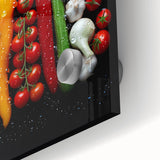 Close-up of large abstract wall art featuring assorted fruits in vibrant colors on acrylic glass.