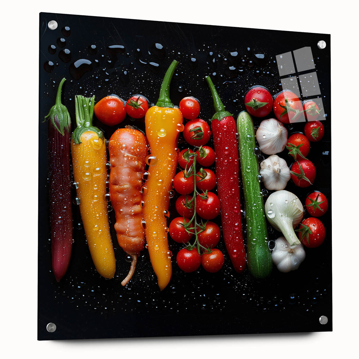 Acrylic print of colorful fruits in abstract style, suitable for dining room decor.