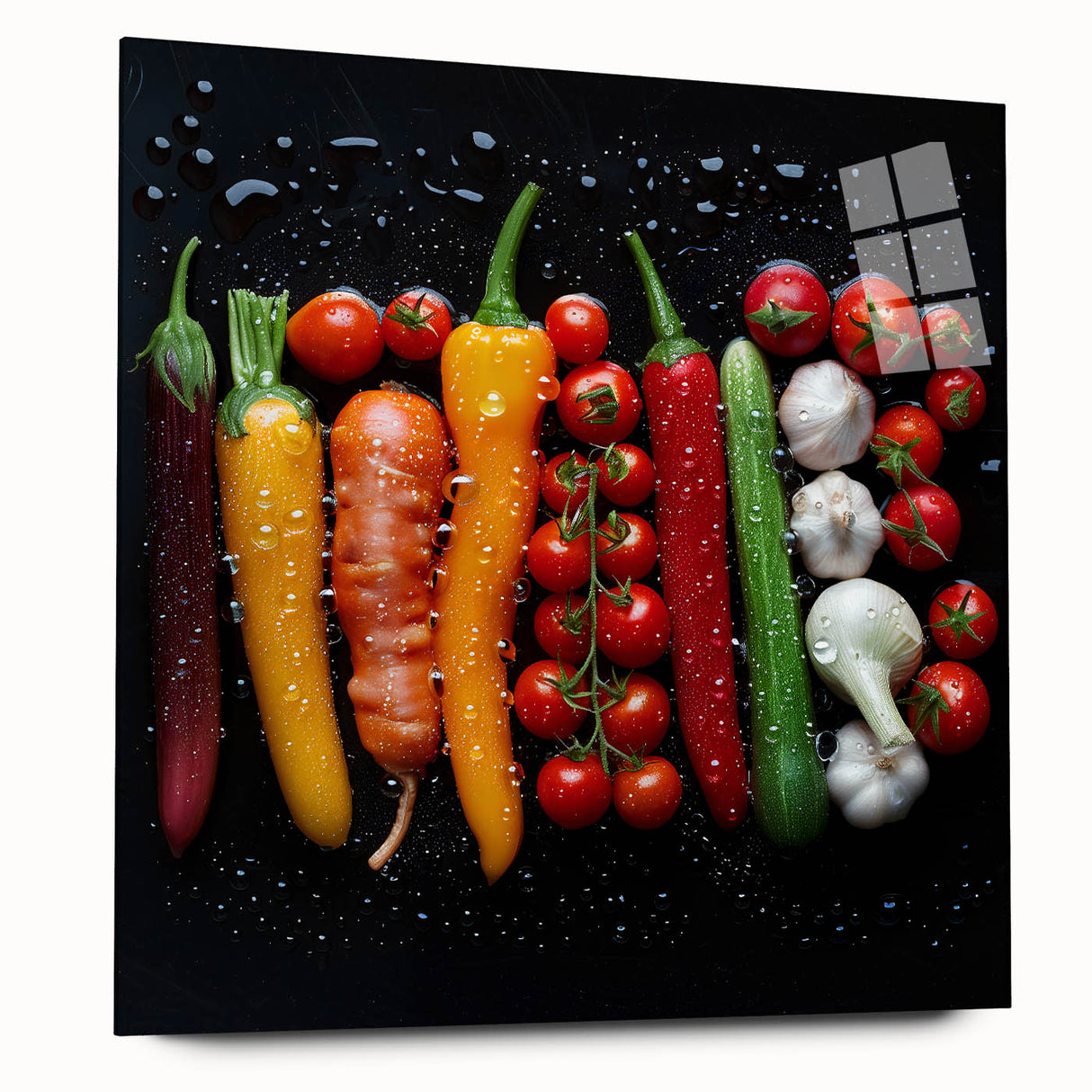 Large abstract wall art depicting assorted fruits in vibrant colors on acrylic glass, ideal for bedroom or dining room decor.