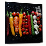 Large abstract wall art depicting assorted fruits in vibrant colors on acrylic glass, ideal for bedroom or dining room decor.