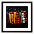 Extra large, textured abstract art print of colorful fruits on a black framed canvas, ideal for living room decor.