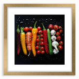 Extra large abstract art print of assorted fruits in vibrant colors, framed in gold, ideal for living room decor.