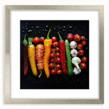 Textured abstract art print of assorted fruits in muted earth tones, framed with a silver mat, ideal for bedroom art.