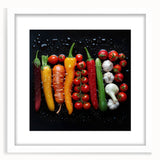 Abstract art print featuring assorted fruits in vibrant colors on a white framed poster, ideal for dining room decor.