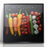 Large abstract wall art featuring assorted fruits in bold colors on black acrylic, framed, ideal for kitchen decor.