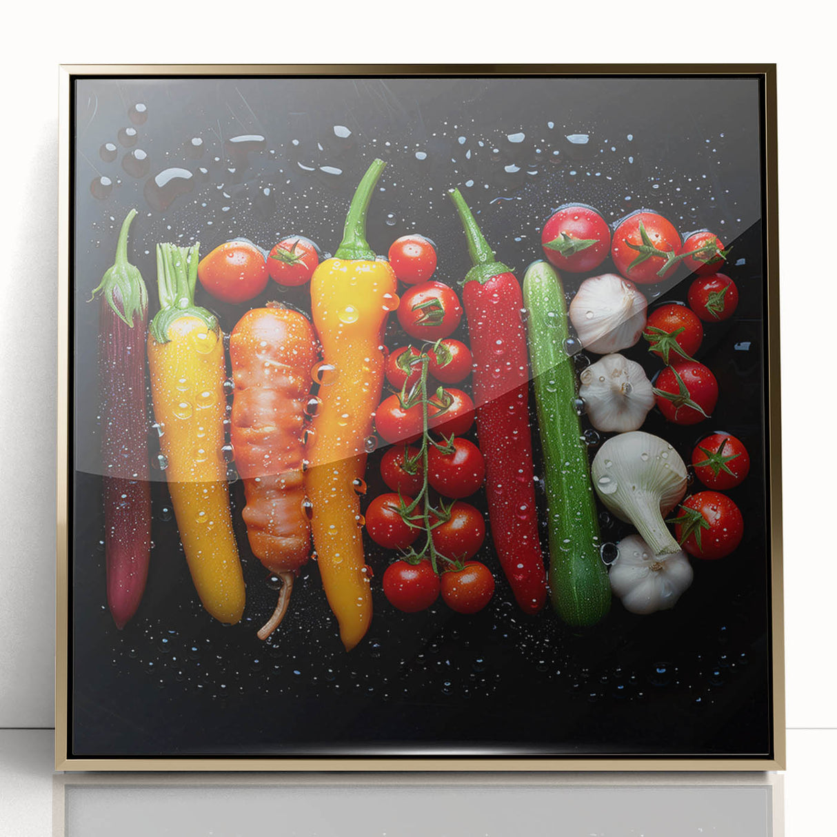 Large acrylic print featuring an array of colorful fruits in a mid-century modernist style, ideal for modern kitchen decor.