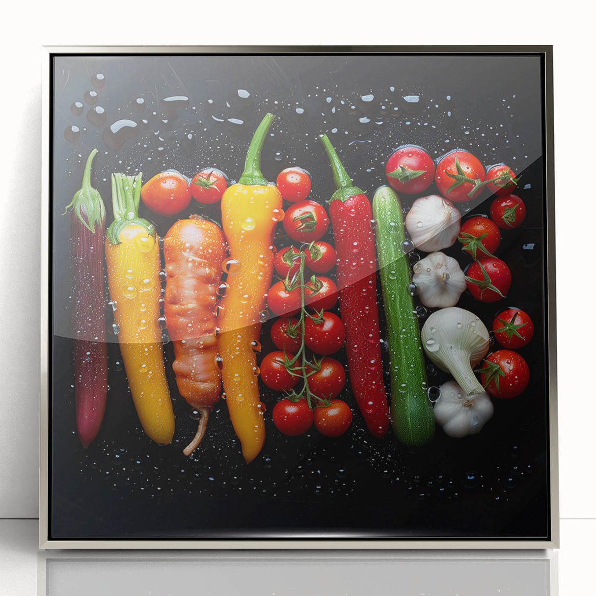 Mid-century modernist art featuring assorted fruits in vibrant colors on a silver-framed acrylic print.