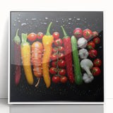 Modern art wall decor featuring a colorful array of fruits on a white acrylic framed poster, ideal for kitchen wall art.