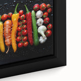Close-up of extra large black wall art featuring colorful, textured fruits on framed canvas, ideal for living room decor.