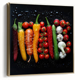 Framed canvas featuring a vintage poster-style landscape of fruit arrangements in silver and gold tones.