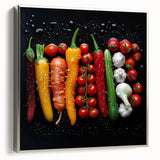 Landscape art painting of colorful fruits on a black background, framed canvas, ideal for kitchen wall decor.