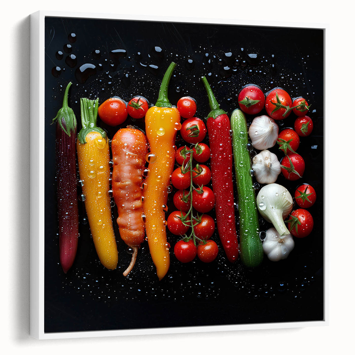 Vintage poster art of colorful fruits on a large framed canvas, ideal for living room decor.