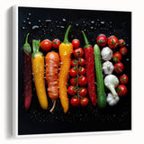 Vintage poster art of colorful fruits on a large framed canvas, ideal for living room decor.