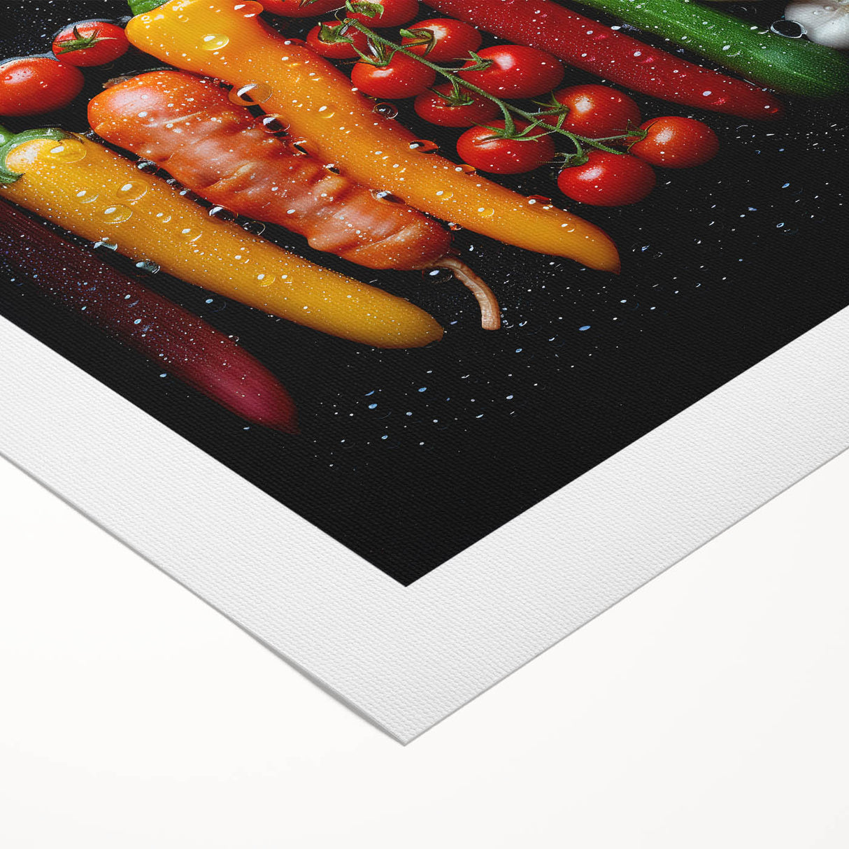 Art deco poster featuring an array of fruits in vibrant colors on a rolled canvas, suitable for dining room decor.