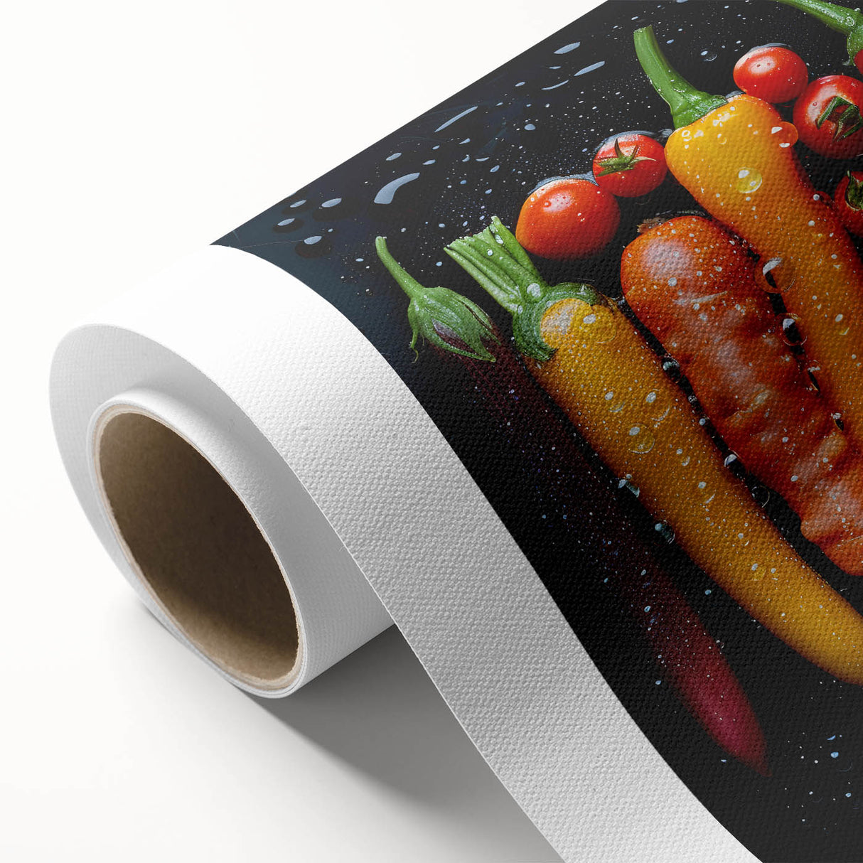 Art Deco style poster of colorful fruits on rolled canvas, ideal for nursery wall art or dining room decor.