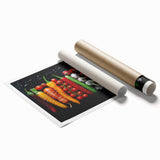 Extra large rolled print featuring assorted fruits and floral elements in vibrant colors, ideal for classy bathroom wall art.