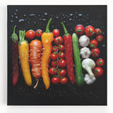 Large black and white stretched canvas of assorted fruits, ideal for kitchen wall art.