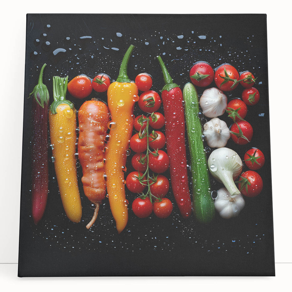 Black and white stretched canvas featuring assorted fruits, ideal for kitchen wall art.
