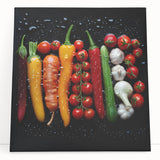 Black and white stretched canvas featuring assorted fruits, ideal for kitchen wall art.