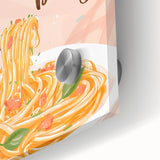 Large abstract wall art in vibrant orange and teal hues on acrylic glass, ideal for dining room decor.