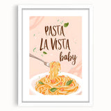 Abstract art print featuring assorted culinary items in muted earth tones on a white framed poster.