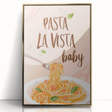 Large art print of a mid-century modernist food illustration in gold and beige tones, acrylic framed.