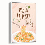 Vintage poster art with a colorful food-themed design on a white framed canvas, ideal for living room decor.