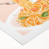 Art deco poster featuring a stylized food illustration in vibrant red and cream tones on rolled canvas.