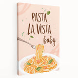 Large stretched canvas featuring a colorful, abstract depiction of fruits and vegetables, ideal for kitchen wall art.